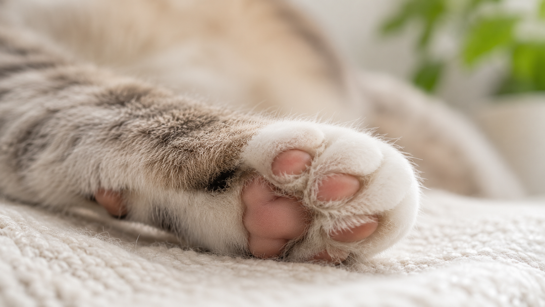 Gros plan sur le coussinet de la patte d'un chat, illustrant les zones sensibles aux réactions cutanées liées aux litières parfumées