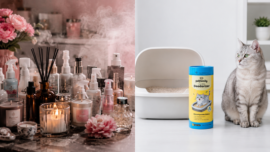 Sprays parfumés et bougies en désordre face aux capsules minérales CATDEO près d'un bac propre — comparatif masquer ou neutraliser l'odeur de litière