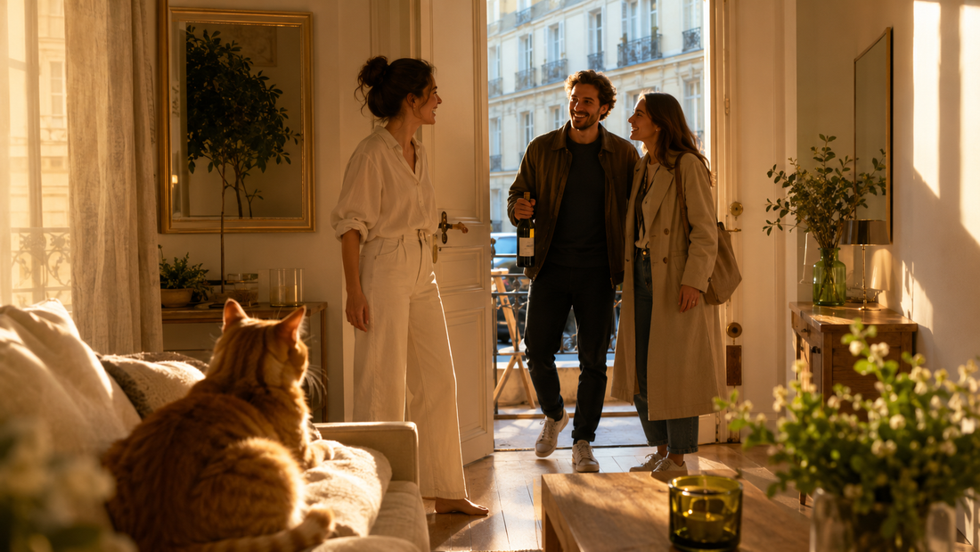 Hôtesse accueillant des invités dans un appartement lumineux sans odeur de chat, chat roux détendu sur le canapé — accoutumance olfactive et odeur de litière