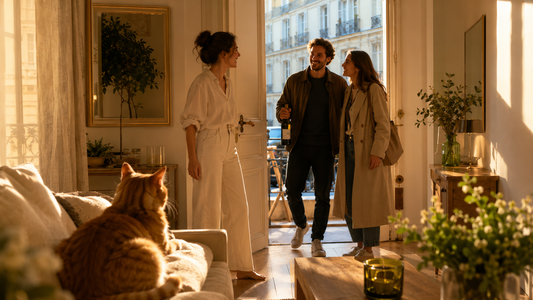 Hôtesse accueillant des invités dans un appartement lumineux sans odeur de chat, chat roux détendu sur le canapé — accoutumance olfactive et odeur de litière