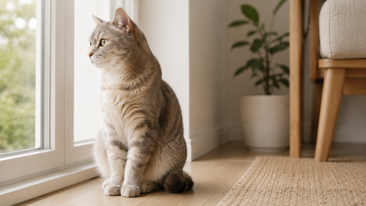 Chat calme assis près d'une fenêtre dans un intérieur lumineux, illustrant l'observation du comportement face à la malpropreté hors litière