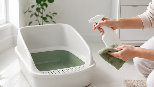 Nettoyage du bac à litière avec spray et chiffon, à éviter avec des produits à base de Javel ou d'ammoniaque