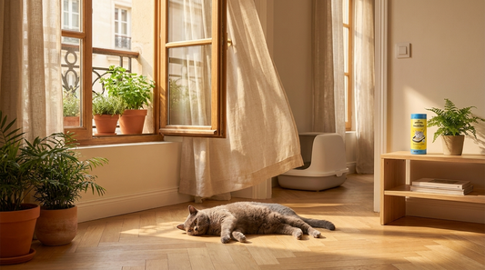 Chat British Shorthair gris au repos dans un appartement parisien en pleine canicule d'été - guide anti-odeurs de litière CATDEO