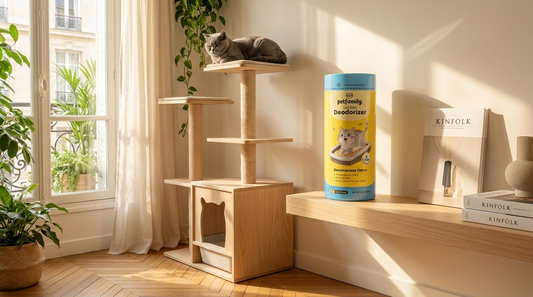 Meuble arbre à chat design en bois clair avec litière cachée intégrée et boîte CATDEO dans un salon parisien haussmannien