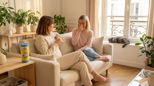 Deux amies dans un salon lumineux avec une réaction olfactive subtile - cécité olfactive litiere chat CATDEO