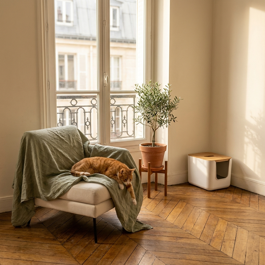 Petit appartement parisien - chat detendu sur fauteuil