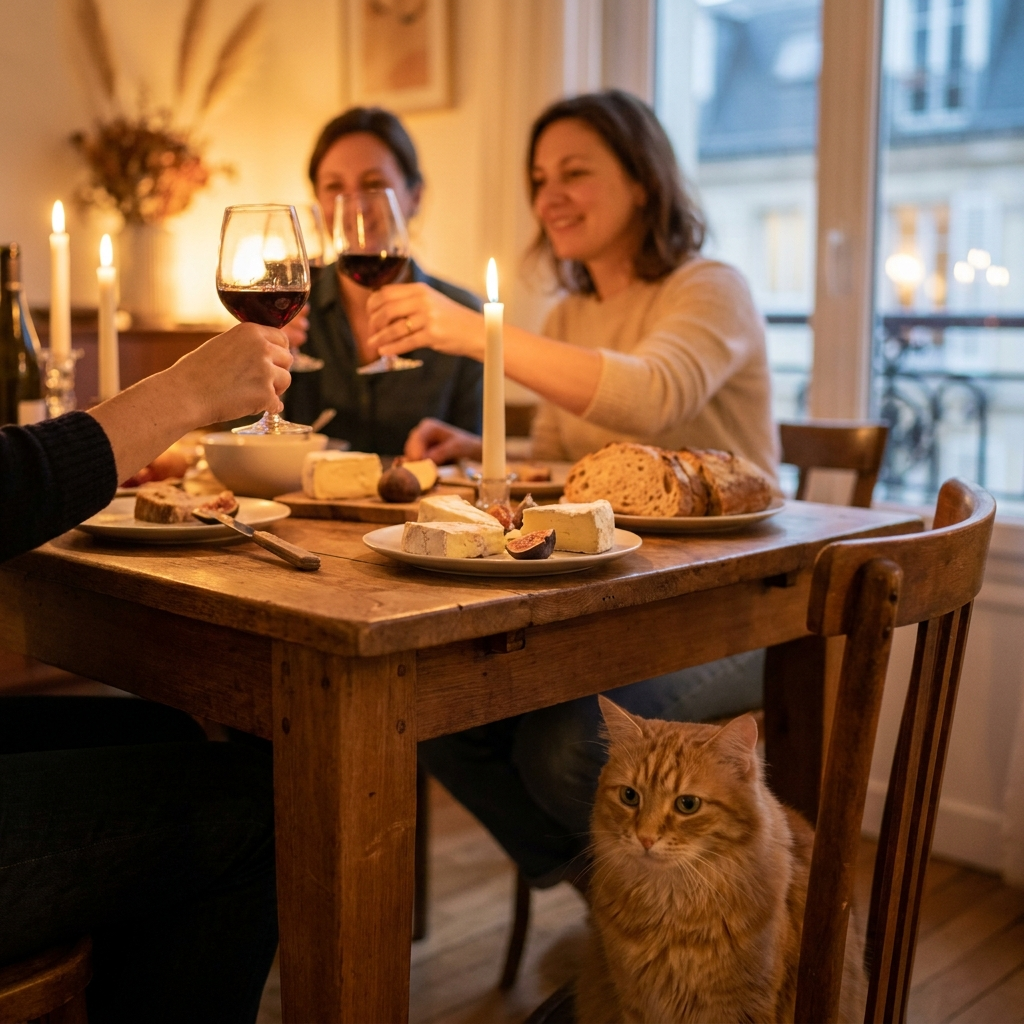 Diner entre amis - chat calme au premier plan
